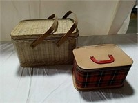 Metal picnic basket and red plaid zippered case