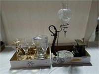 2 boxes stemware, pitcher, brass collectible and