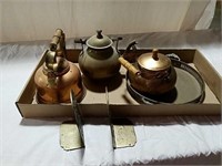 Copper and brass tea kettles, tray and bookends
