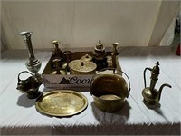 Brass candlesticks, vases and decorative items