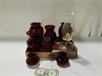 Ruby glass and kerosene lamp