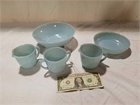 Several pieces Fire King turquoise dishes