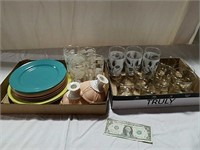 2 boxes plates, candlesticks and glasses