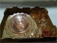 Pink depression glass cups, candle holder and
