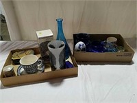 2 boxes blue glassware, vases cups and