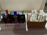 2 boxes milk glass and colored glass vases