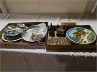 2 boxes wild fowl collector plates, flower frogs