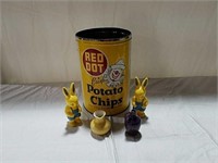 Red. Potato chip tin, plastic rabbits, creamer