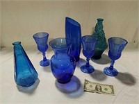 Blue Glass vases and goblets