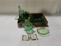 Green depression glass basket ,glasses and