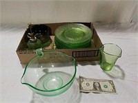 Green depression glass plates, glasses and misc.