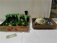 2 boxes green glassware, Harker Cameo Ware