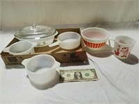 Pyrex polka dot bowl, circus mug and glass bake