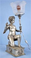 Silver Plate Figural Cupid Lamp w/ Satin Shade