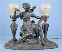 French Spelter Double Lamp w/ Lady Figure