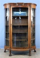 Oak Curved Glass China Cabinet with Claw Feet