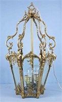 Heavy Rococo Style Brass Hanging Light with Glass