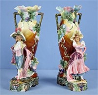 Two Figural Continental Majolica Vases w/ Couple
