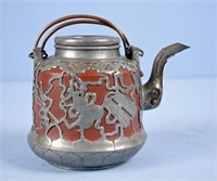 Chinese Terracotta Teapot w/ Pewter Overlay C 1900