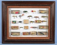 20 Vintage Lures and 12 Lure and Hook Boxes Framed