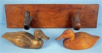Two Carved Decoys and Decoy Head Rack