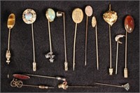 Group of 14 Stick Pins Incl. Tigers Eye, Opal, Etc