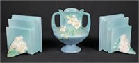 Roseville Pottery White Rose Bookends & Vase