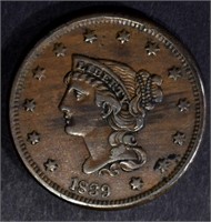 1839 BRAIDED HAIR LARGE CENT, XF