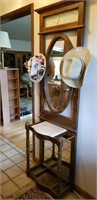 Oak Hall Tree w/Marble Shelf & Oval Mirror