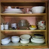 Correll dishes, Pyrex, soup mugs, plates