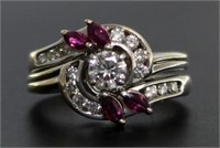 14kt Gold Antique Diamond Solitaire w' Ruby Accent