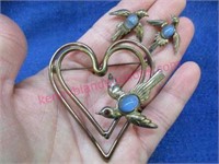 old heart shape bird pin & sterling bird earrings