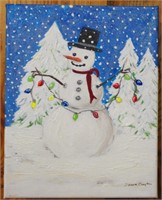 Oil on Canvas Snowman with Christmas Lights