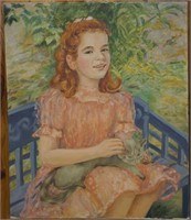 Oil on Canvas Portrait of Girl with Cat
