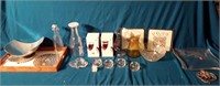 Metal Dish, Tray, 2 Boxes Of Wine Glasses, Fruit