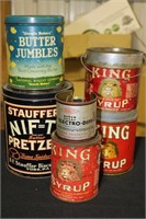 6 advertising tins including Stauffer's Nifty