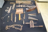 Box lots of old tools including hand auger,