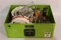 Box of 3 whiskey decanters, paint brushes, beer