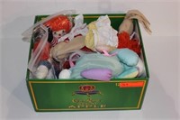Box of raggedy ann dolls, bunny dolls etc.
