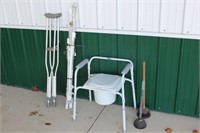 Pair of crutches, handicap commode, curtain rods