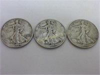 Set of Three Silver 'Walking Liberty' Half Dollars
