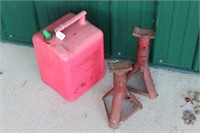 5 Gallon poly gas can, pair of jack stands