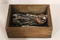 Wooden box of assorted tools, door handles, &