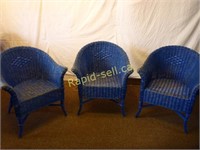 Three Vintage Blue Wicker Chairs