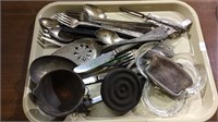 Tray lot of silverplate flatware, coin purse,