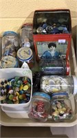 Tray lot of vintage buttons, 8 baby food jars and