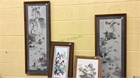 4 framed bird prints , 2 long Chinese prints of