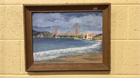 Framed oil painting of San Francisco Bay bridge