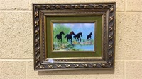 Vintage framed enamel on copper plate, 4 horses