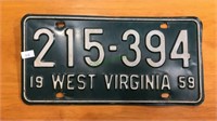 1959 West Virginia automobile license plate,